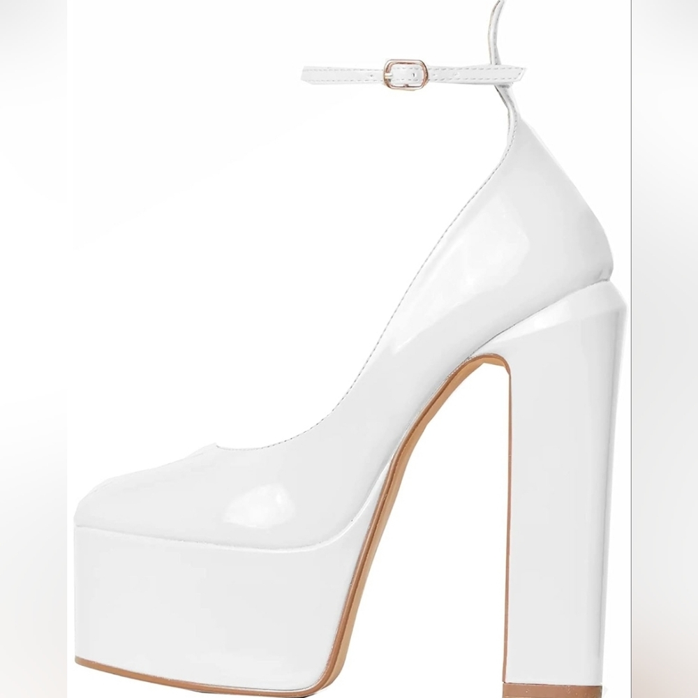 Platform Chunky Ankle Strap Round Square Toe High Block Heels Patent.